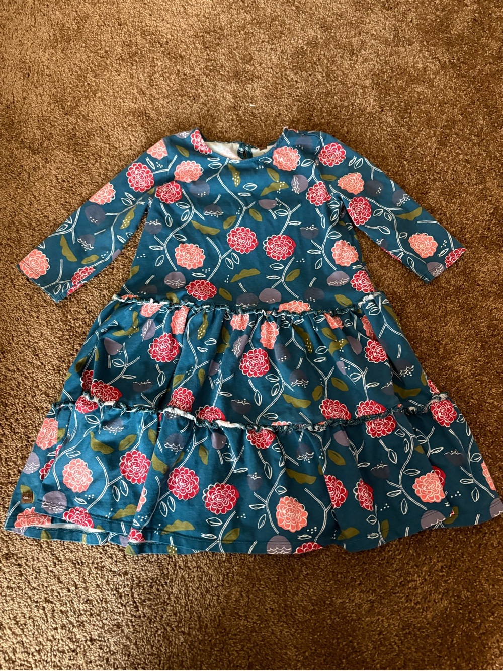 Tea Teal Floral 3/4 Sleeve Tiered Dress